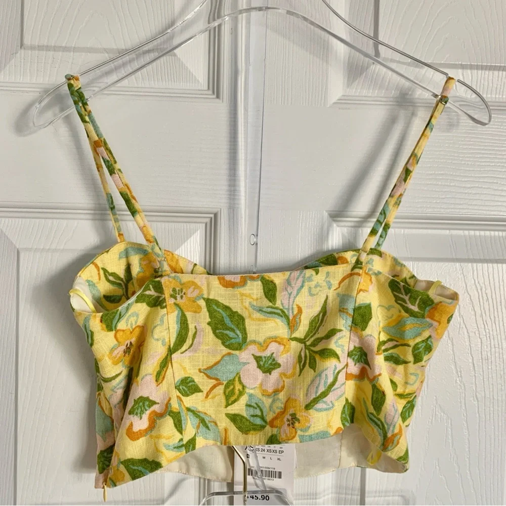 🌼 ZARA Printed Linen Crop Top Bustier Neckline Skirt Set Yellow Floral Print XS - Picture 7 of 16